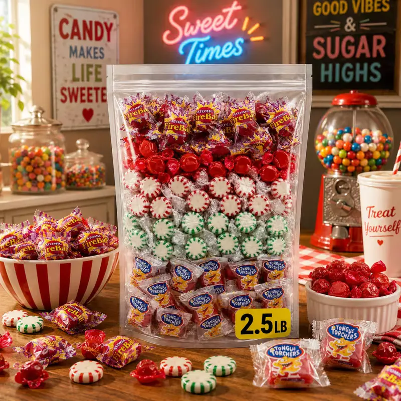 2.5lb Bulk Fire & Ice Hard Candy Assorted Variety Pack - 40oz Mega Mix Featuring Atomic Fireballs, Tongue Torchers, Cinnamon Discs, Peppermint Starlights, and Spearmint Candies - Premium Individually Wrapped Hot and Cool Sweets for Party Favors, Candy Bowls, and Office Snacks - Packaged in a Heavy Duty Resealable Stand-Up Pouch